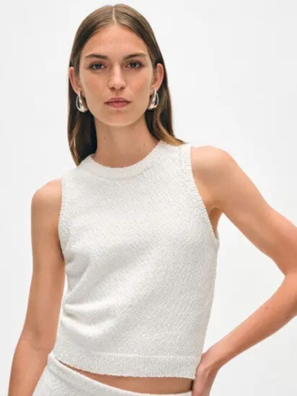 White + Warren Cream Cotton Slub Cut In Tank